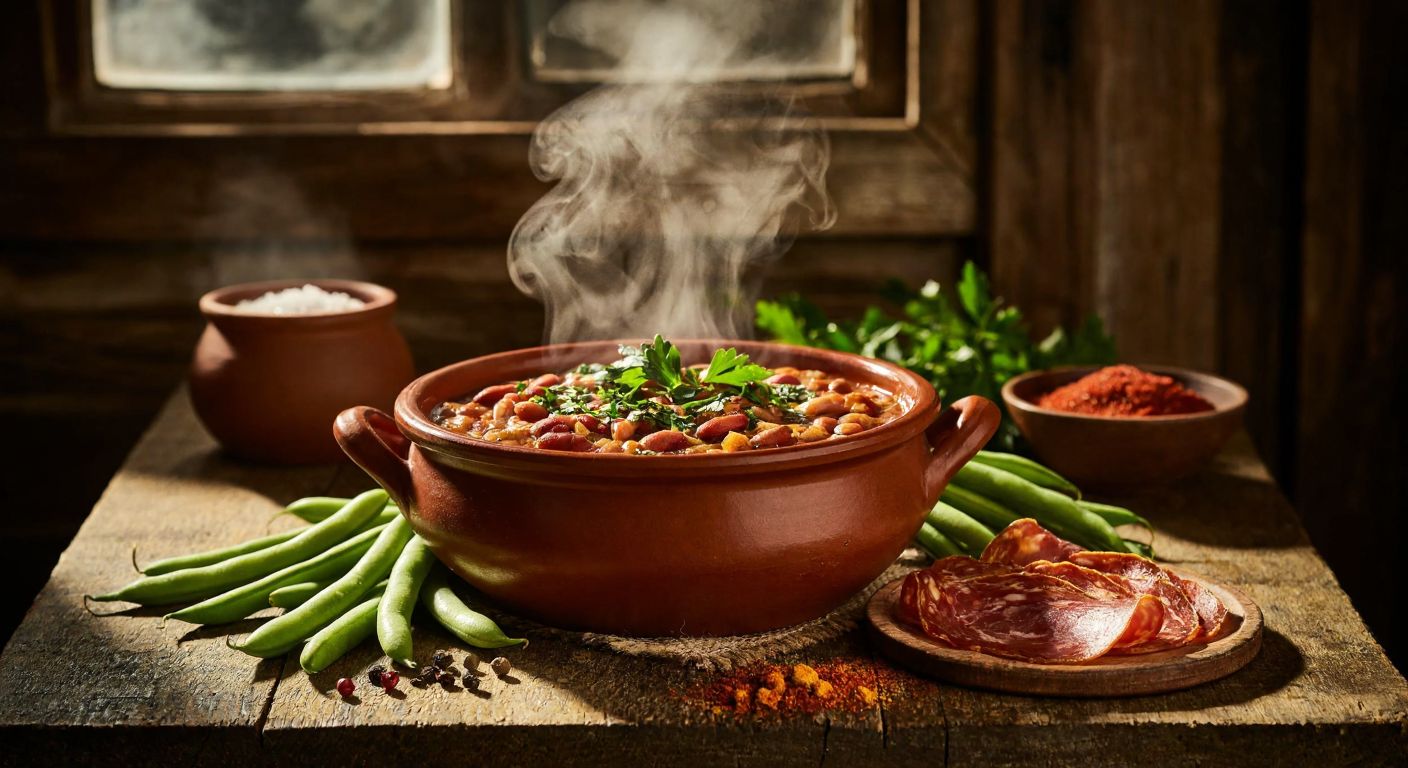A steaming clay pot of pastırmalı fasulye sits on a rustic wooden table, surrounded by fresh green beans, slices of cured pastırma, and a scattering of spices, with warm golden light casting cozy shadows in a Turkish kitchen.