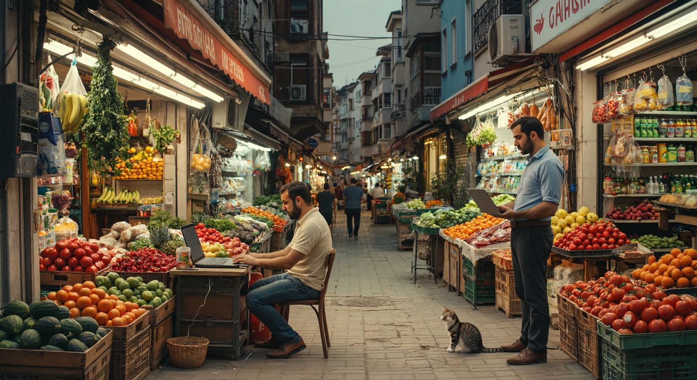 A bustling Turkish street with an empty storefront surrounded by vibrant shops—a grocer arranging fresh produce, a computer repair technician fixing a laptop, and a pet shop owner holding a playful kitten, while a thoughtful man in a collared shirt surveys the scene, considering business opportunities.