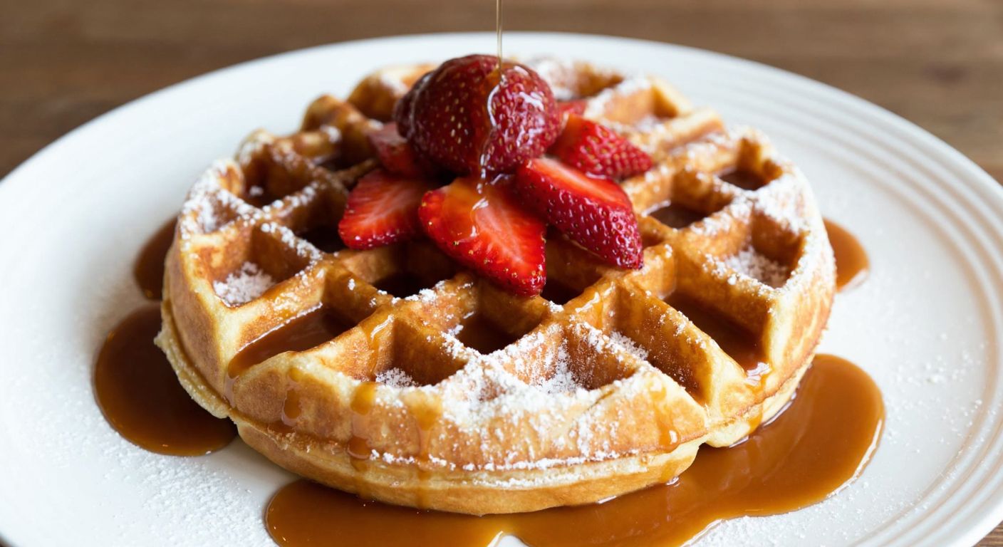 A golden-brown waffle drizzled with thick, glossy caramel-colored Milkella sauce, topped with fresh strawberries and a dusting of powdered sugar, resting on a rustic wooden table in a cozy Turkish kitchen.
