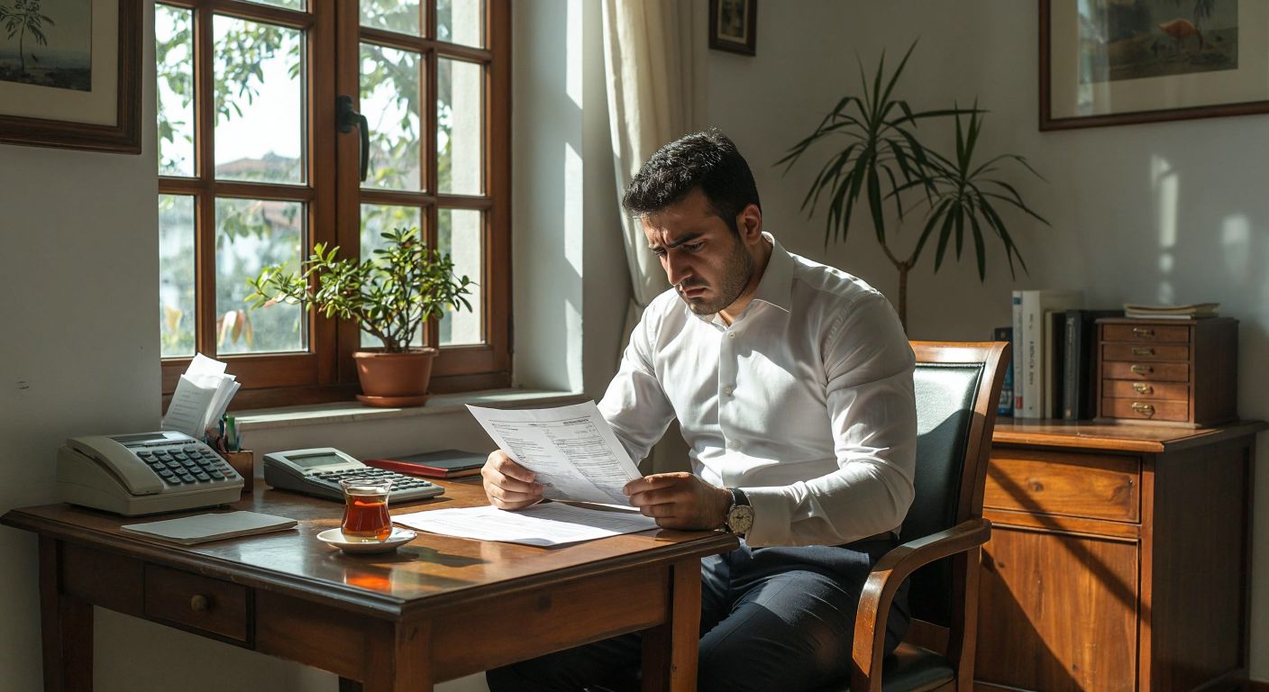 A Turkish businessman in a crisp white shirt and dark trousers sits at a wooden desk in a small office, frowning slightly as he examines a printed invoice with a calculator nearby, while sunlight streams through the window onto a steaming cup of Turkish tea.