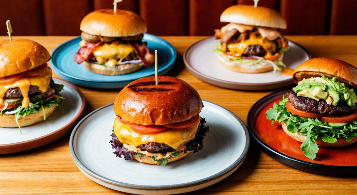 A vibrant, close-up shot of a wooden table displaying five distinct hamburgers—a cheeseburger with melted cheese dripping, a bacon burger with crispy strips, a towering double burger, a colorful veggie burger with fresh greens, and a specialty burger topped with avocado and mushrooms—all arranged neatly on rustic plates with a warm, inviting glow.