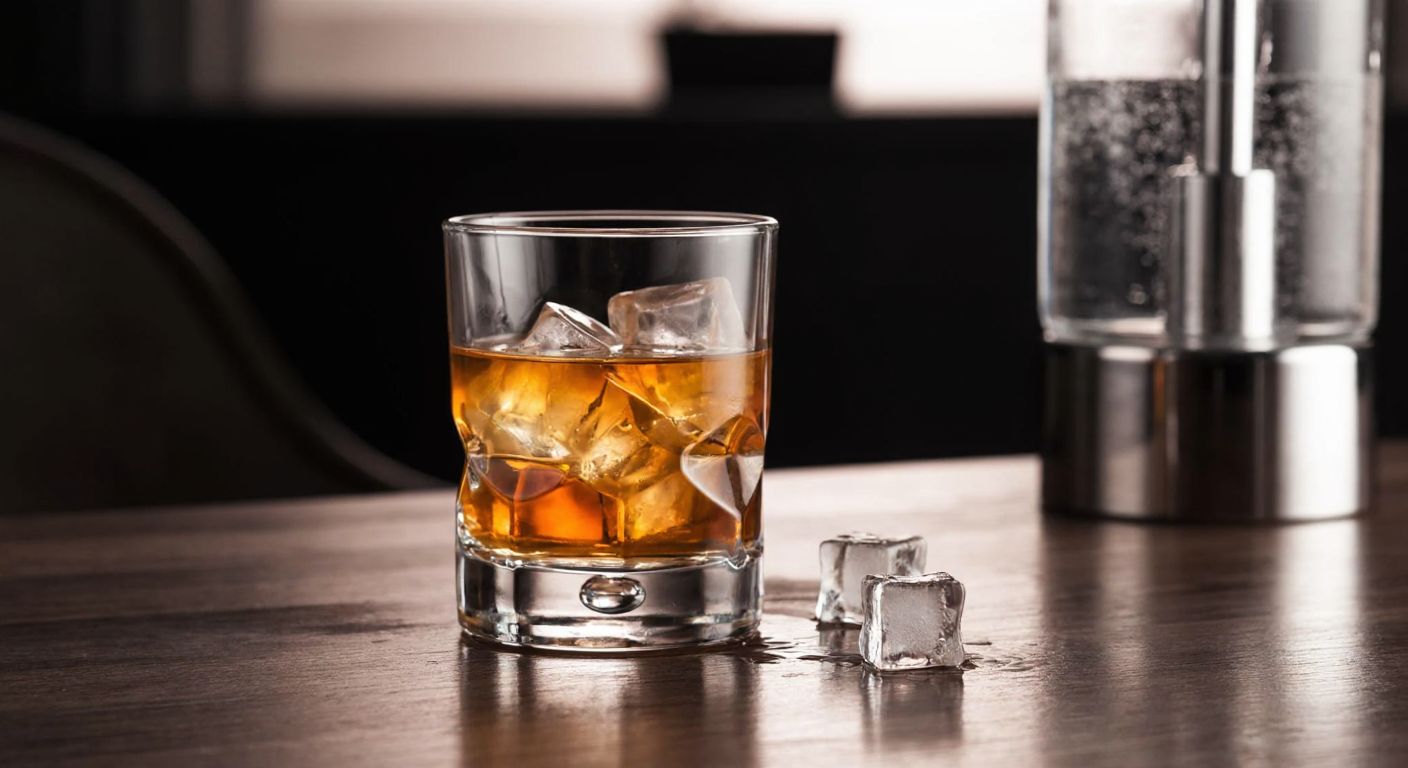 A polished glass of amber Ballantine’s 12-year whiskey resting on a wooden table, with a few ice cubes melting beside it and a soda siphon in the background, evoking a relaxed, sophisticated atmosphere.