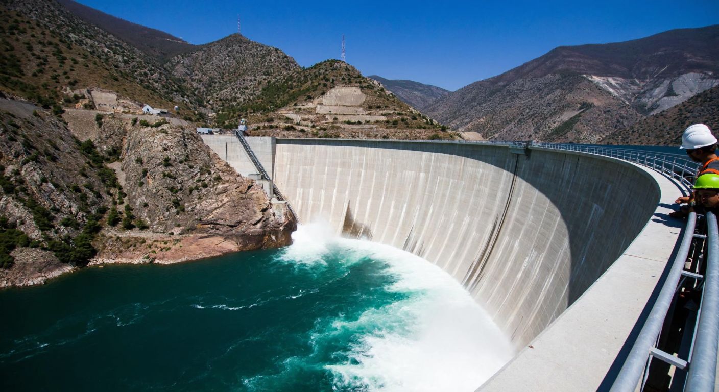 A towering hydroelectric dam with cascading water, surrounded by rugged Turkish mountains, as engineers in hard hats observe the flow from a nearby observation deck.