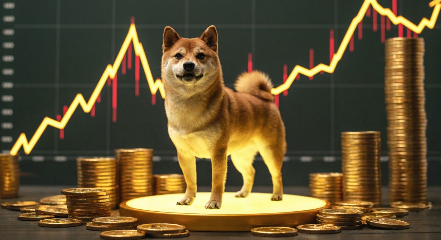 A proud Shiba Inu dog standing on a glowing golden pedestal, surrounded by shimmering coins and a rising graph in the background, symbolizing its peak value.