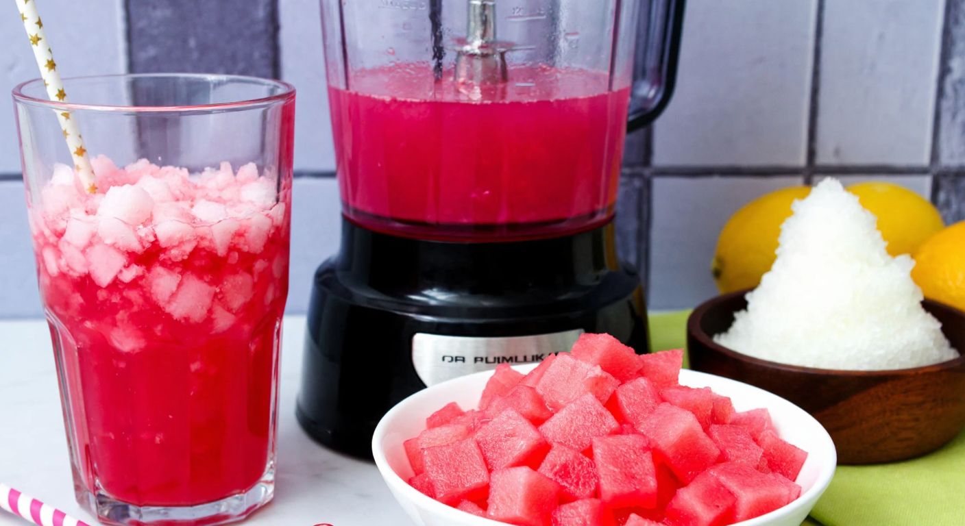 A vibrant Turkish kitchen scene with a blender filled with pink syrup, a bowl of cubed bici-bici, and a glass of the finished drink garnished with ice shavings, evoking a refreshing summer treat.