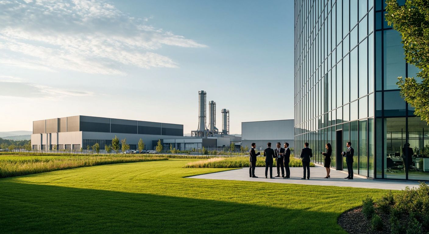 A modern industrial complex in Bursa with factory buildings under a clear sky, surrounded by green fields, and a group of businesspeople in formal attire discussing plans near a sleek glass office building.