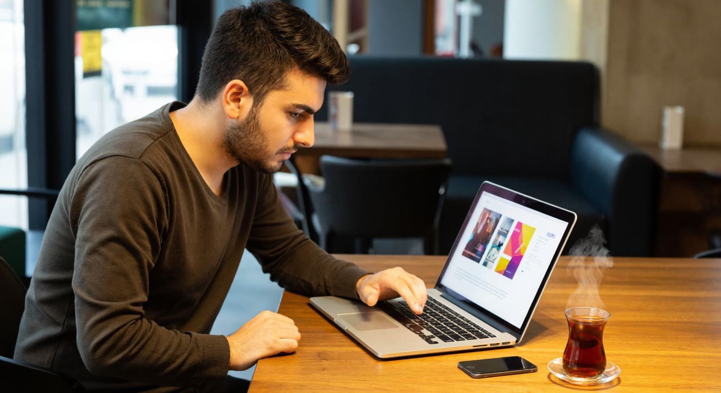 A Turkish person with a focused expression sits at a wooden table, browsing a laptop screen displaying colorful printed materials like brochures and business cards, with a steaming cup of Turkish tea beside them.