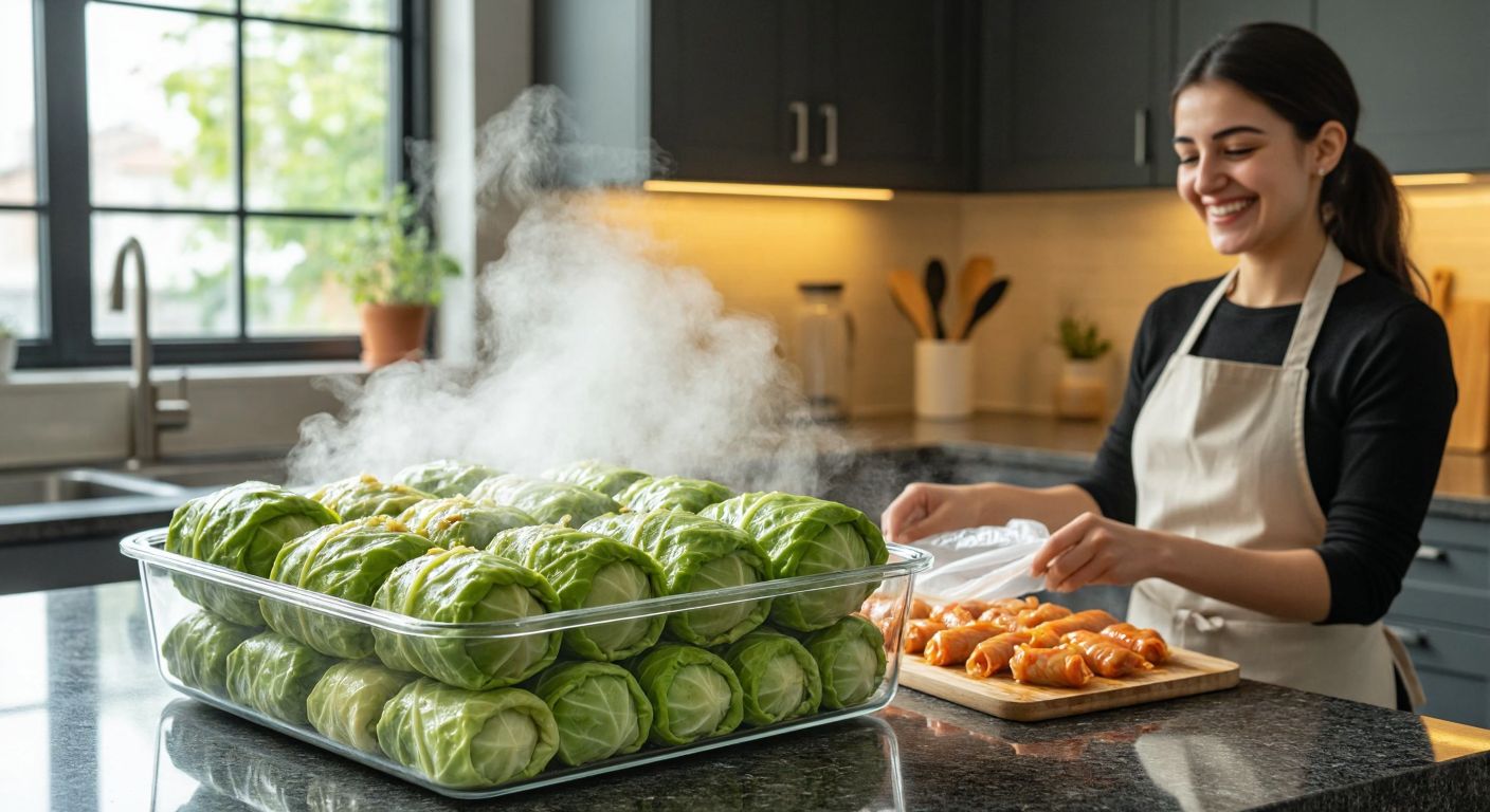 A Turkish kitchen countertop with freshly rolled cabbage sarma arranged neatly in a glass container, steam rising from them, next to a stack of airtight freezer bags and a smiling woman in an apron preparing to portion them.