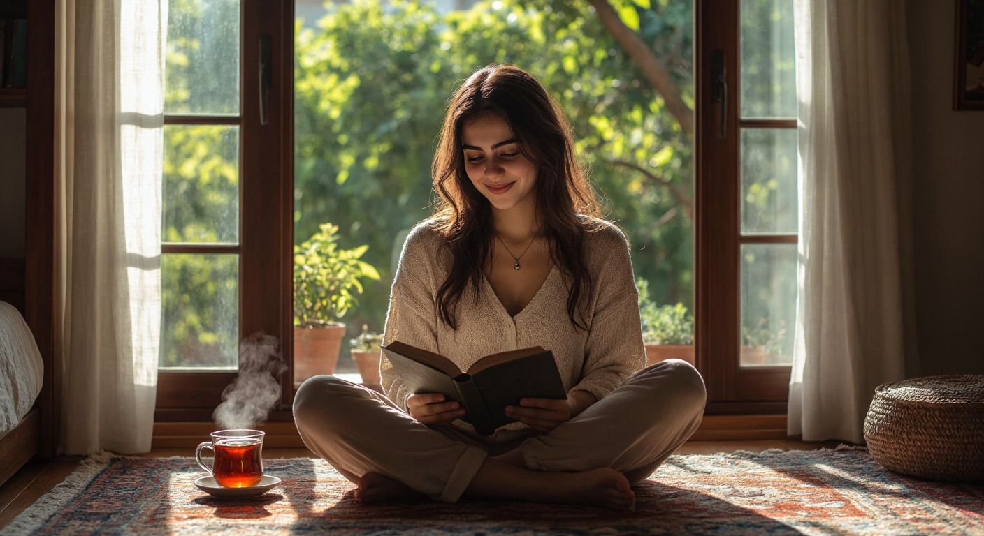 A young Turkish woman with a warm smile sits cross-legged on a cozy rug by a sunlit window, deeply engrossed in a book, with a steaming cup of çay beside her and a serene expression of focus and contentment.