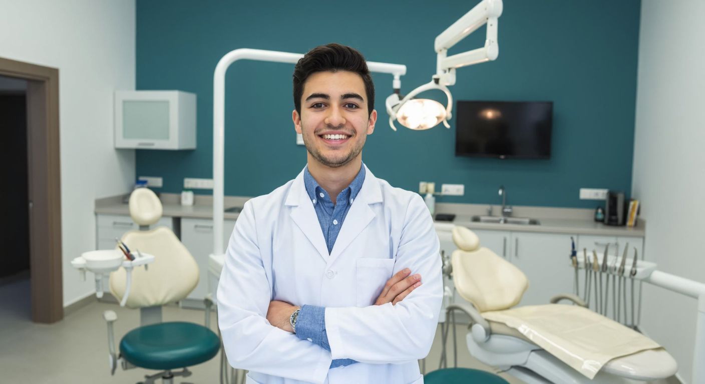 A young student in a white lab coat smiles confidently in a modern dental clinic at Istanbul University, surrounded by dental tools and anatomical models, symbolizing the five-year journey of dental education.