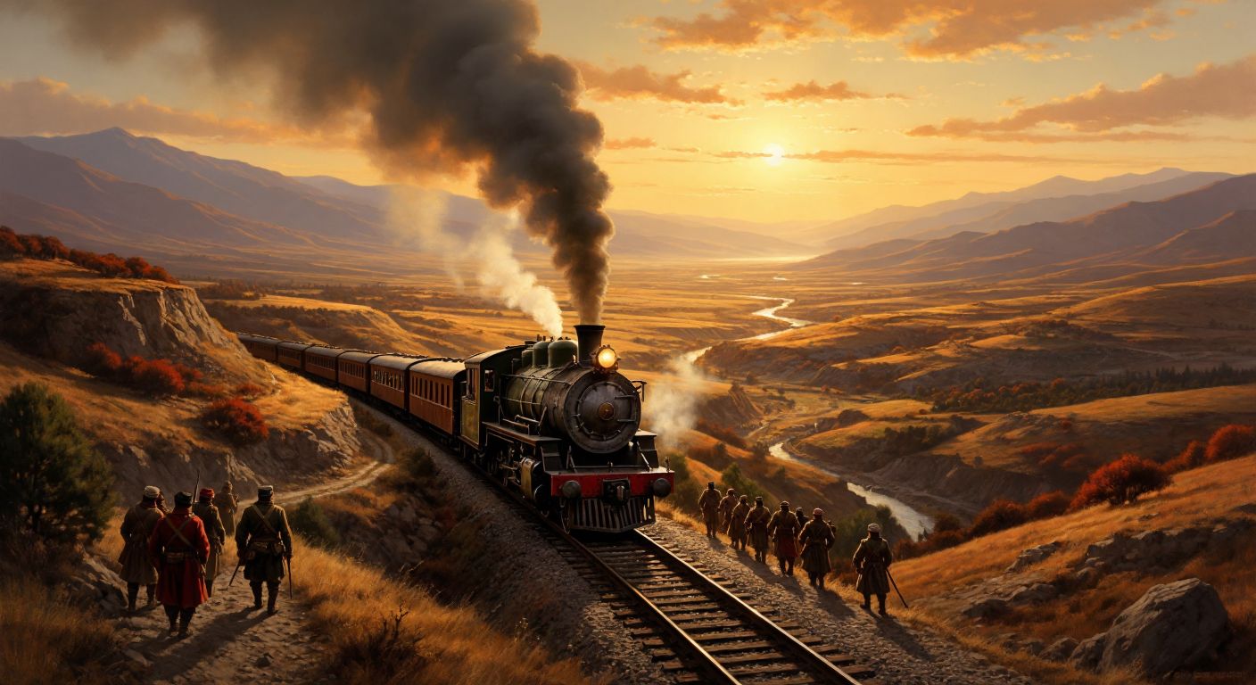 A sweeping view of an old steam train chugging across a rugged Anatolian landscape, with Ottoman soldiers and merchants aboard, surrounded by rolling hills and distant mountains under a golden sunset.
