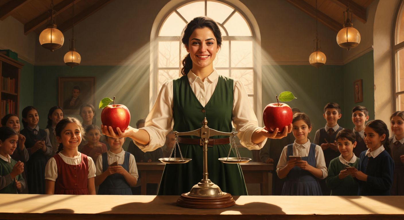 A Turkish teacher in a sunlit classroom holds two identical apples on a balance scale while smiling students watch, illustrating equality through weight and simplicity.