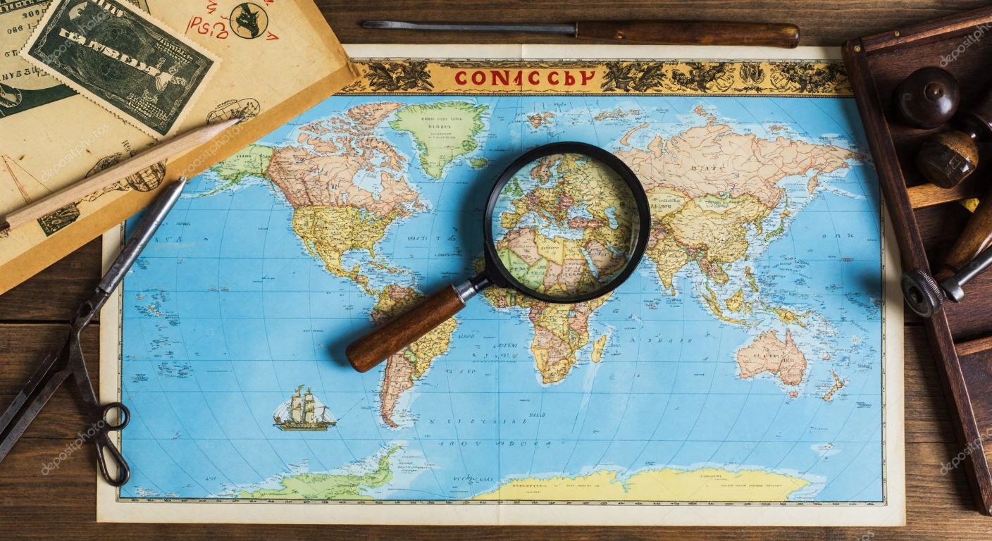 A vintage world map spread across a wooden table, with a magnifying glass resting on it, surrounded by old drafting tools and faint Soviet-era stamps in the background.