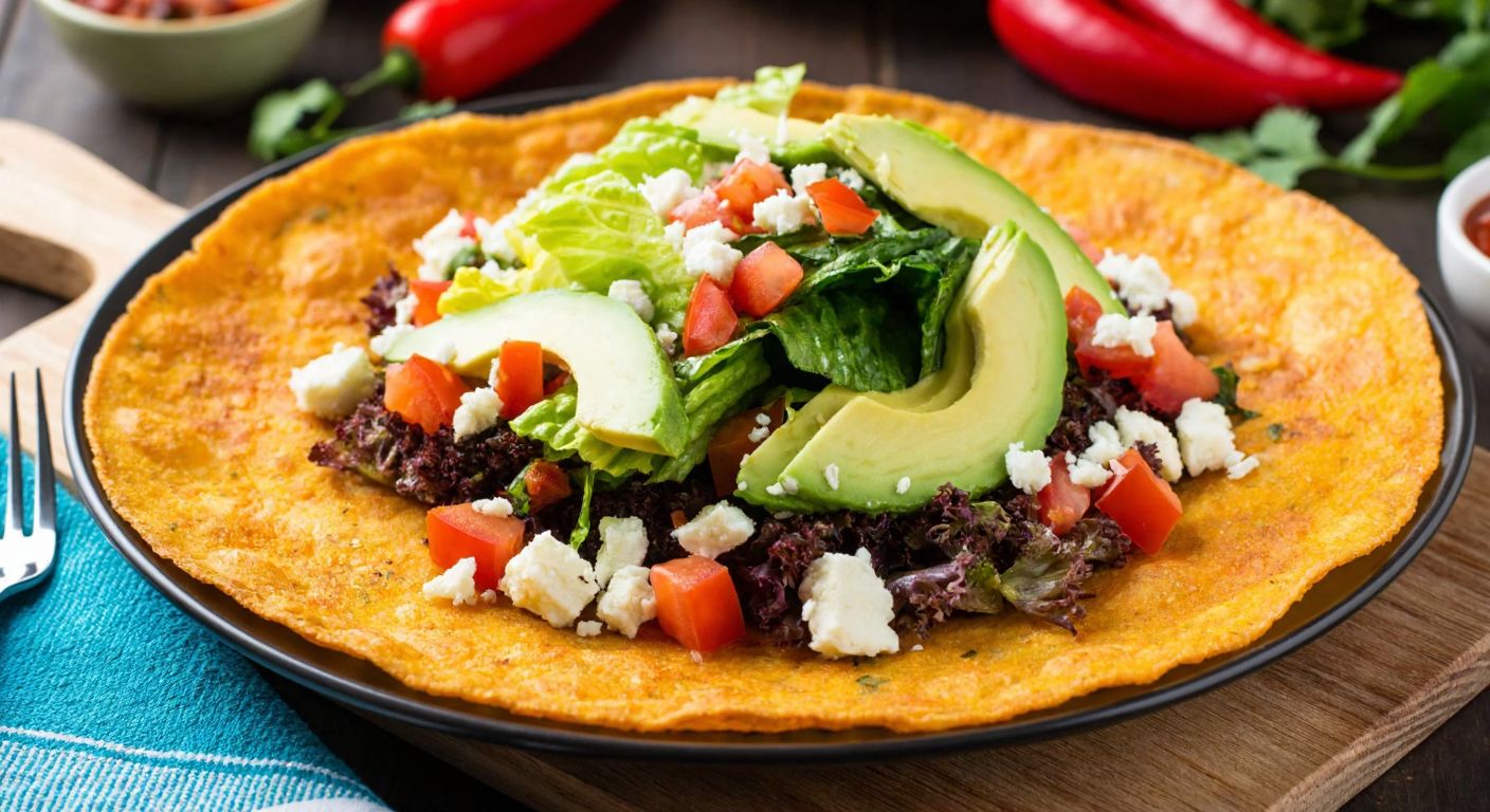 A vibrant, golden-brown crispy tortilla topped with colorful ingredients like shredded lettuce, diced tomatoes, creamy avocado, and crumbled cheese, set against a rustic wooden table with a backdrop of Mexican pottery and chili peppers.