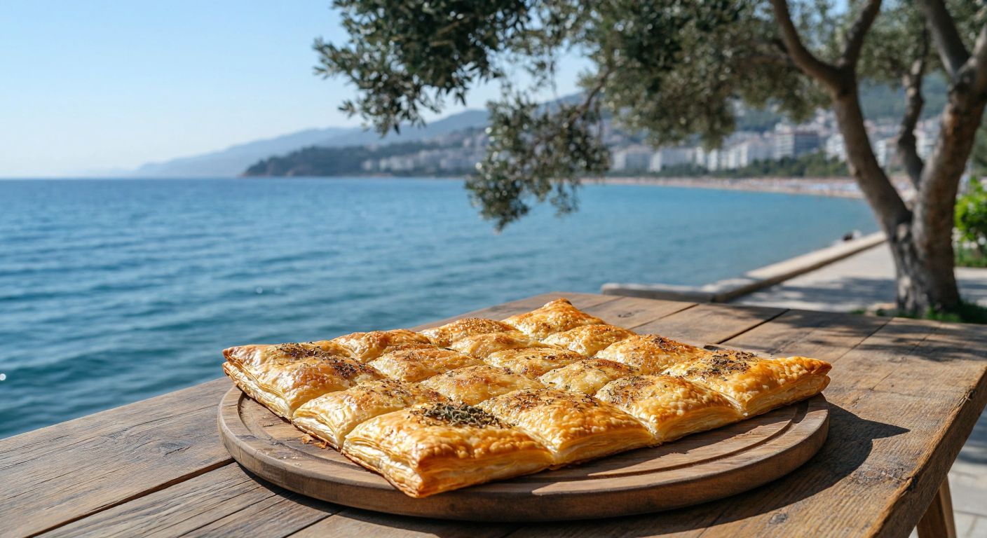 A golden, flaky serpme börek sits on a rustic wooden table overlooking the sparkling blue Mediterranean Sea in Antalya's Konyaaltı district, with a warm coastal breeze rustling nearby olive trees.