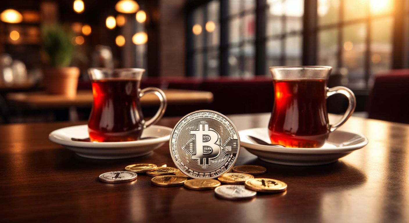 A gleaming silver Litecoin coin rests on a wooden table in a warmly lit Turkish café, surrounded by steaming cups of Turkish tea and a small pile of gold coins, symbolizing scarcity and value.