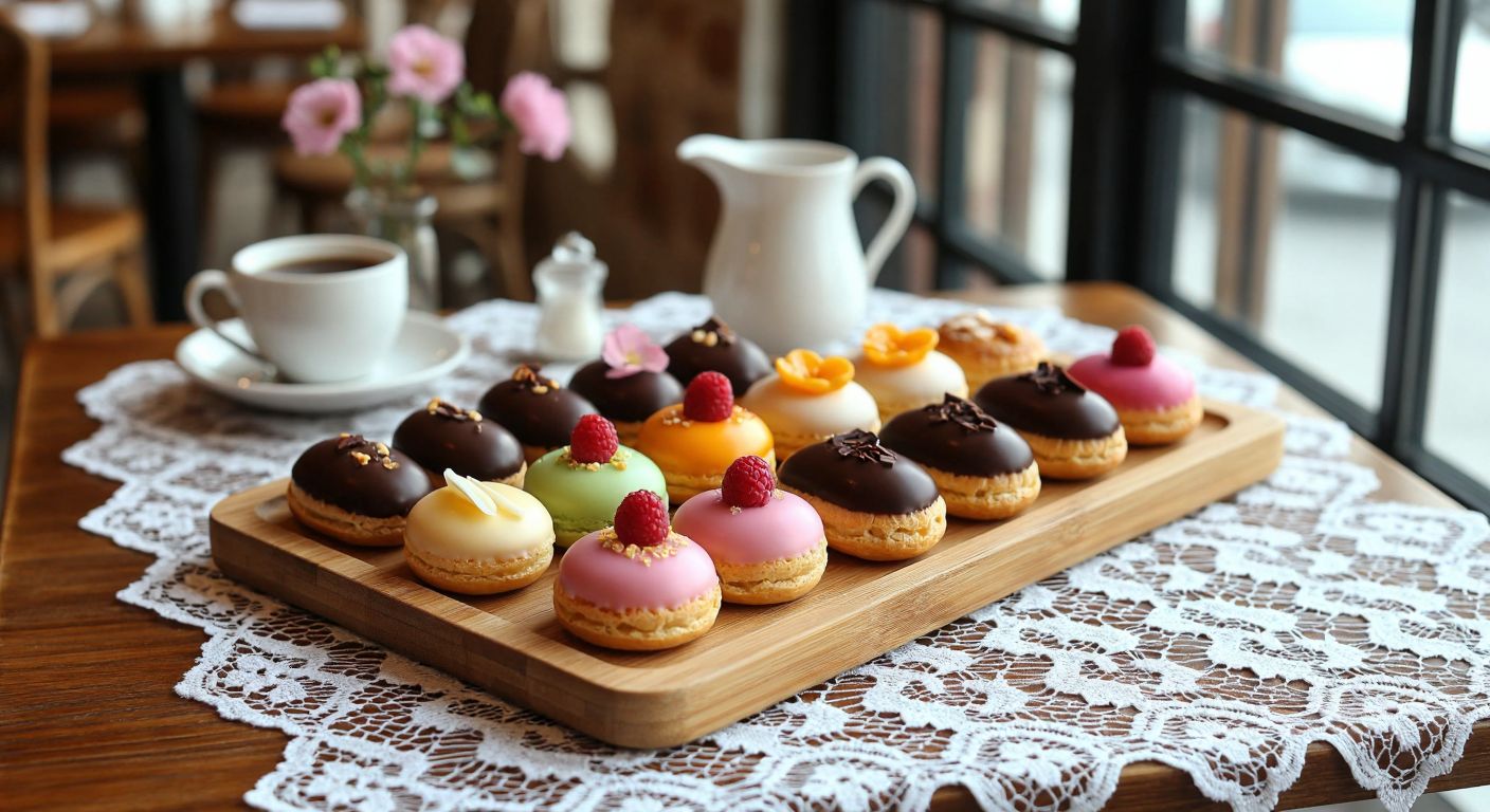 A wooden tray holds delicate French petit fours with colorful glazes beside long, chocolate-dipped eclairs on a lace-lined table in a cozy Turkish café.