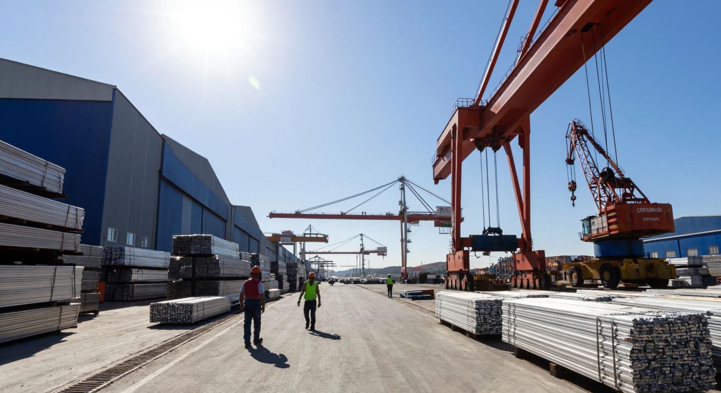 A bustling industrial port in Turkey with large steel warehouses under a bright sun, cranes lifting cargo, and workers in hard hats moving between stacks of metal goods.