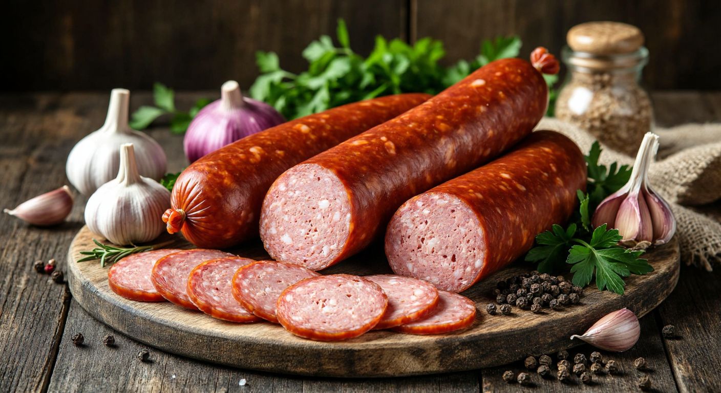 A rustic wooden table displays an assortment of Russian kolbasa varieties—thick boiled sausages, smaller smoked ones, and salami-style slices—arranged beside fresh herbs, garlic, and cracked black pepper.