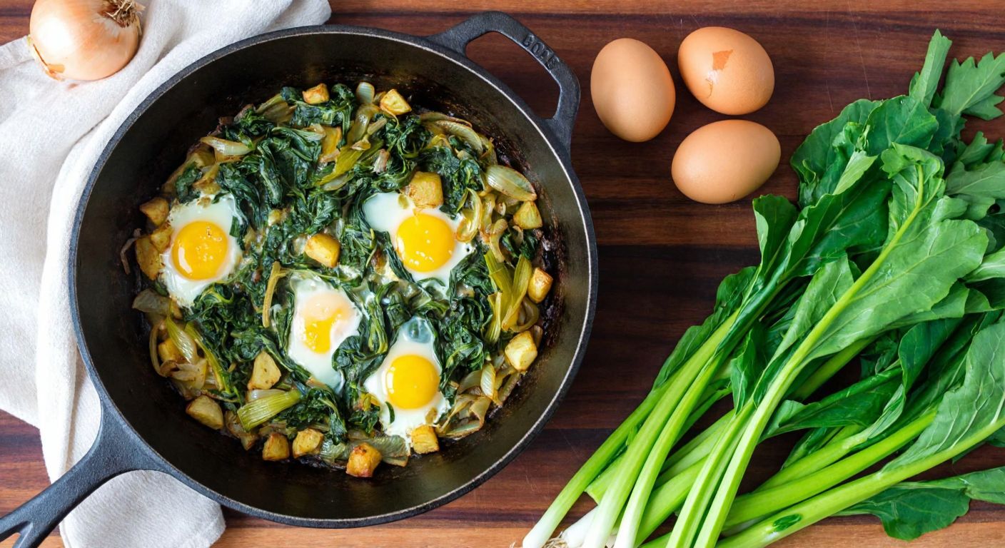 A rustic Turkish kitchen with a steaming cast-iron pan filled with golden sautéed gulik greens, onions, and eggs, surrounded by fresh ingredients like bunches of wild greens, eggs, and onions on a wooden counter.