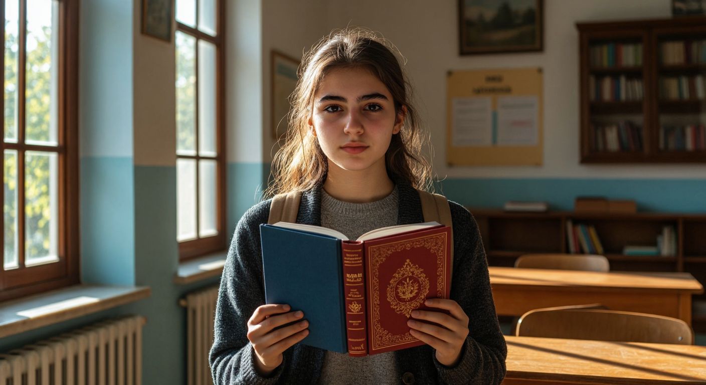 A Turkish high school student in a classroom, thoughtfully holding two different literature textbooks—one with a plain blue cover (MEB) and another with a vibrant red design (Gizem)—while sunlight streams through the window onto a wooden desk.