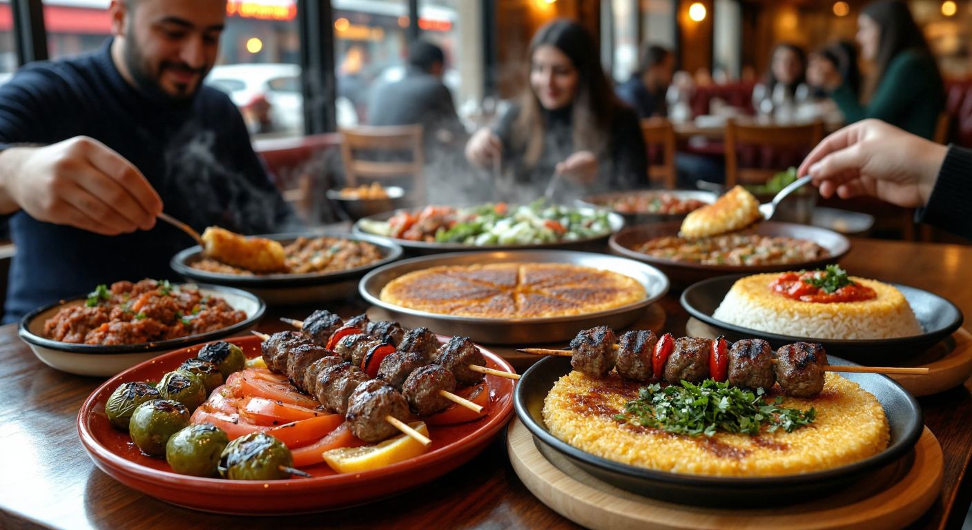 A vibrant table in a cozy Turkish restaurant, laden with colorful meze plates, sizzling kebabs on skewers, a golden künefe dessert drizzled with syrup, and a steaming bowl of kepse pilav, surrounded by warm lighting and eager hands reaching to share the feast.