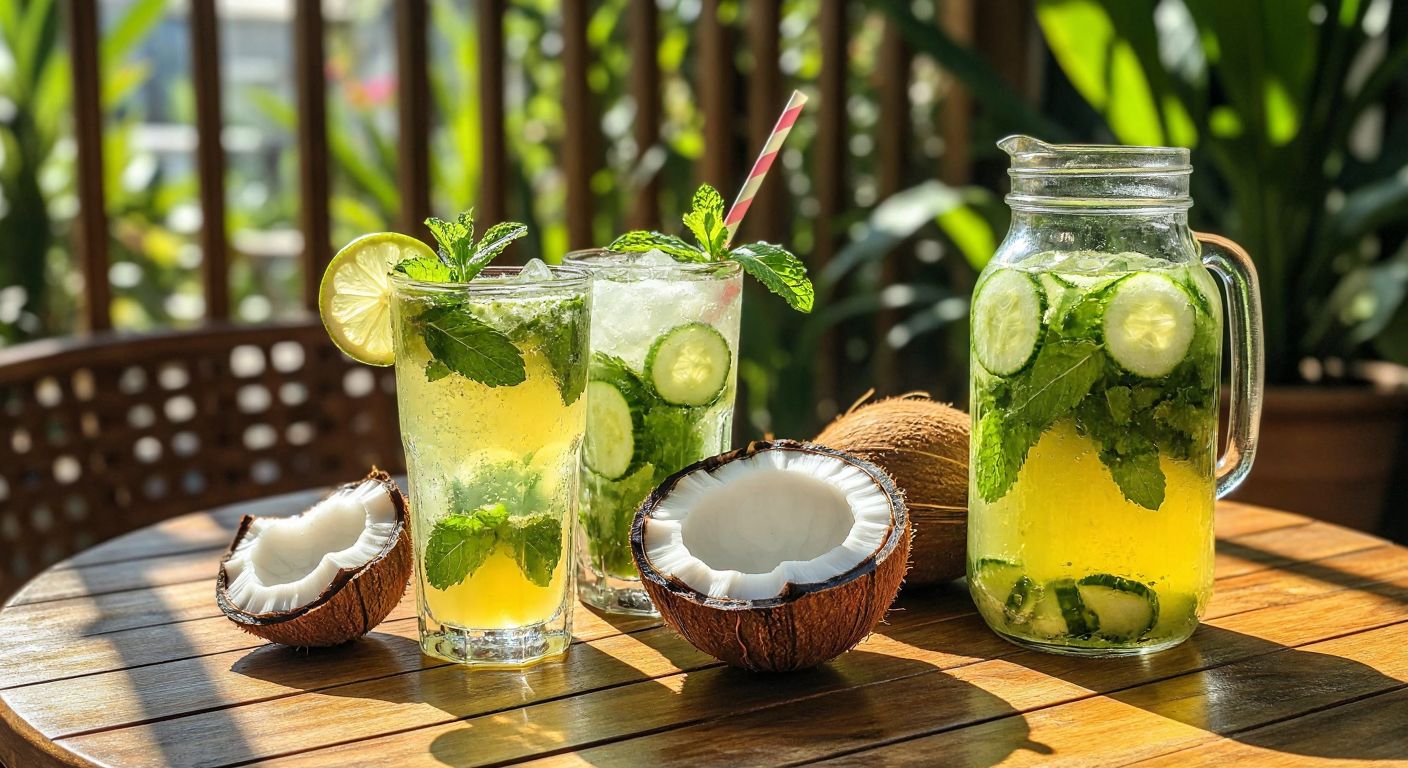 A sunlit wooden table in a Turkish garden holds a vibrant spread of chilled drinks: a tall glass of lemonade with fresh mint leaves, a coconut half-filled with coconut water, a colorful smoothie in a mason jar, and a pitcher of cucumber-mint-infused water with ice cubes glistening in the sunlight.