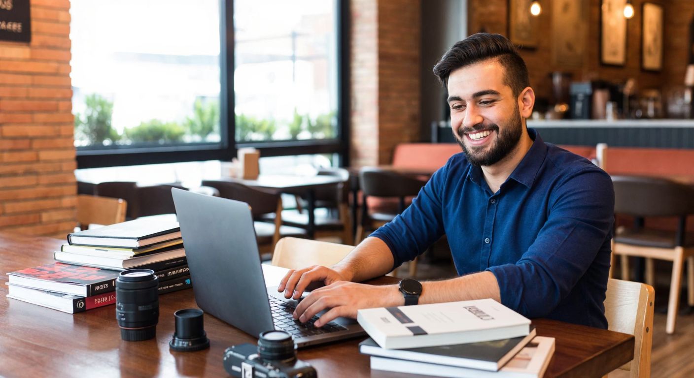 A Turkish entrepreneur smiling while organizing digital files on a laptop, surrounded by stacks of e-books, a camera, and a microphone, with a cozy café setting in the background.