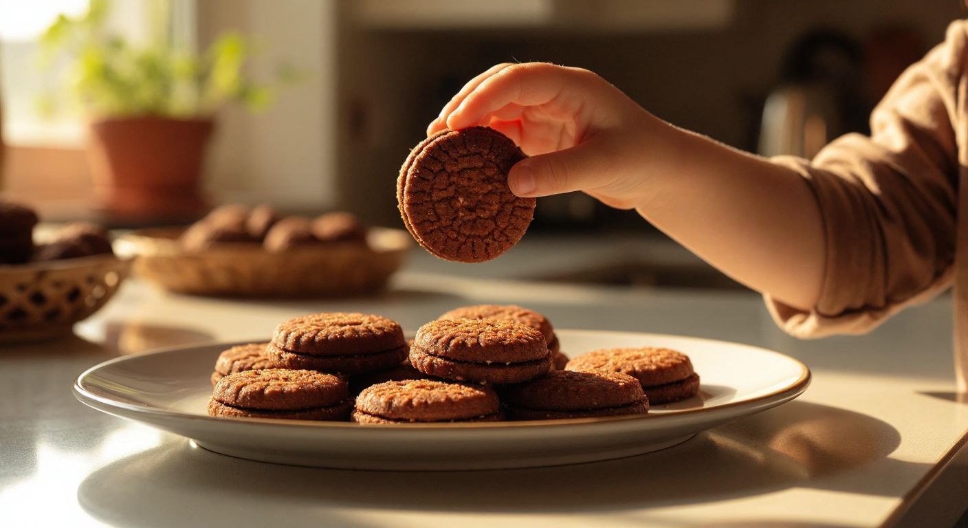 A close-up of a child's hand holding a small, round, chocolate-coated Eti Cin biscuit against a warm, sunlit kitchen backdrop in Turkey, with a plate of similar biscuits nearby.