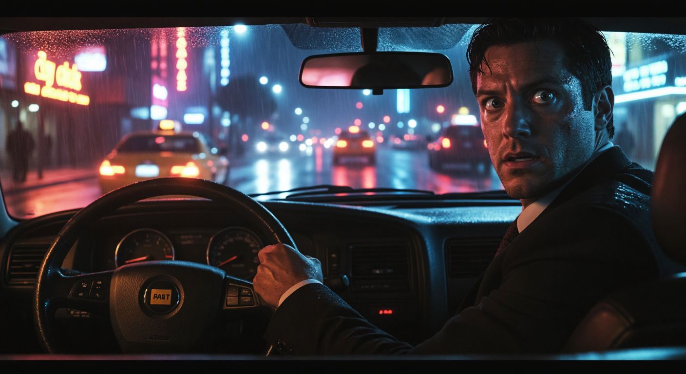 A tense nighttime scene in Los Angeles, featuring a weary taxi driver with wide, fearful eyes gripping the steering wheel, while a sharply dressed hitman sits calmly in the backseat, the city's neon lights casting eerie reflections on the rain-slicked streets.
