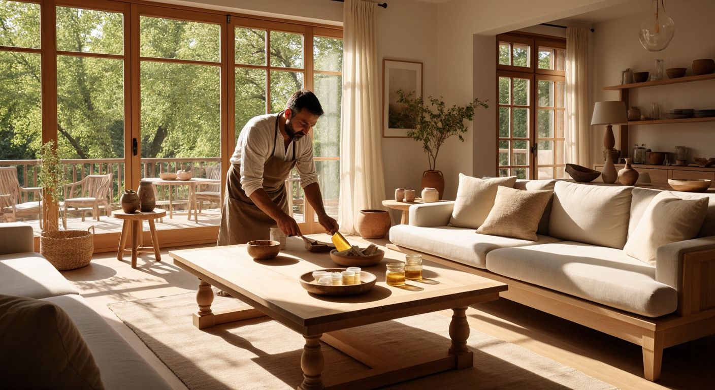 A sunlit Turkish living room with a pale oak coffee table, where a craftsman in a traditional apron gently applies beeswax polish with a soft cloth, surrounded by light-toned wooden furniture.