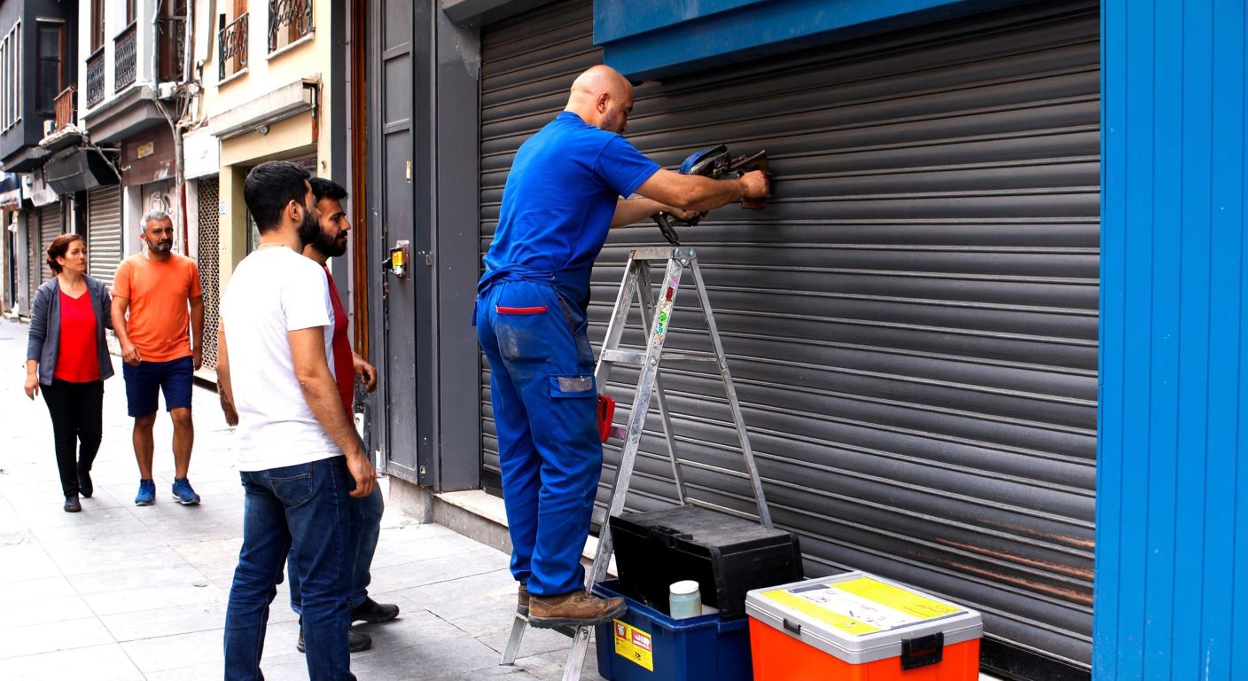 A skilled Turkish craftsman in a blue work uniform, standing on a ladder while repairing a metal shutter on a sunlit Istanbul street, with a toolbox open nearby and a customer watching attentively.