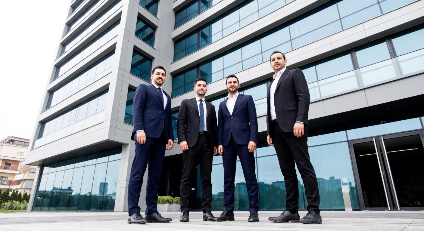 A modern office building in Ataşehir, Istanbul, with three well-dressed Turkish businessmen standing confidently in front, symbolizing the founders of Şapoğlu Yapı.