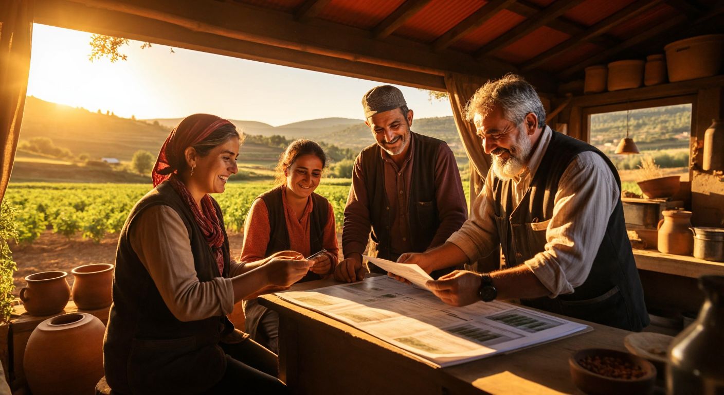 A group of Turkish farmers in a cooperative office, smiling and reviewing digital invoices on a tablet, with a warm, sunlit rural landscape visible through the window.