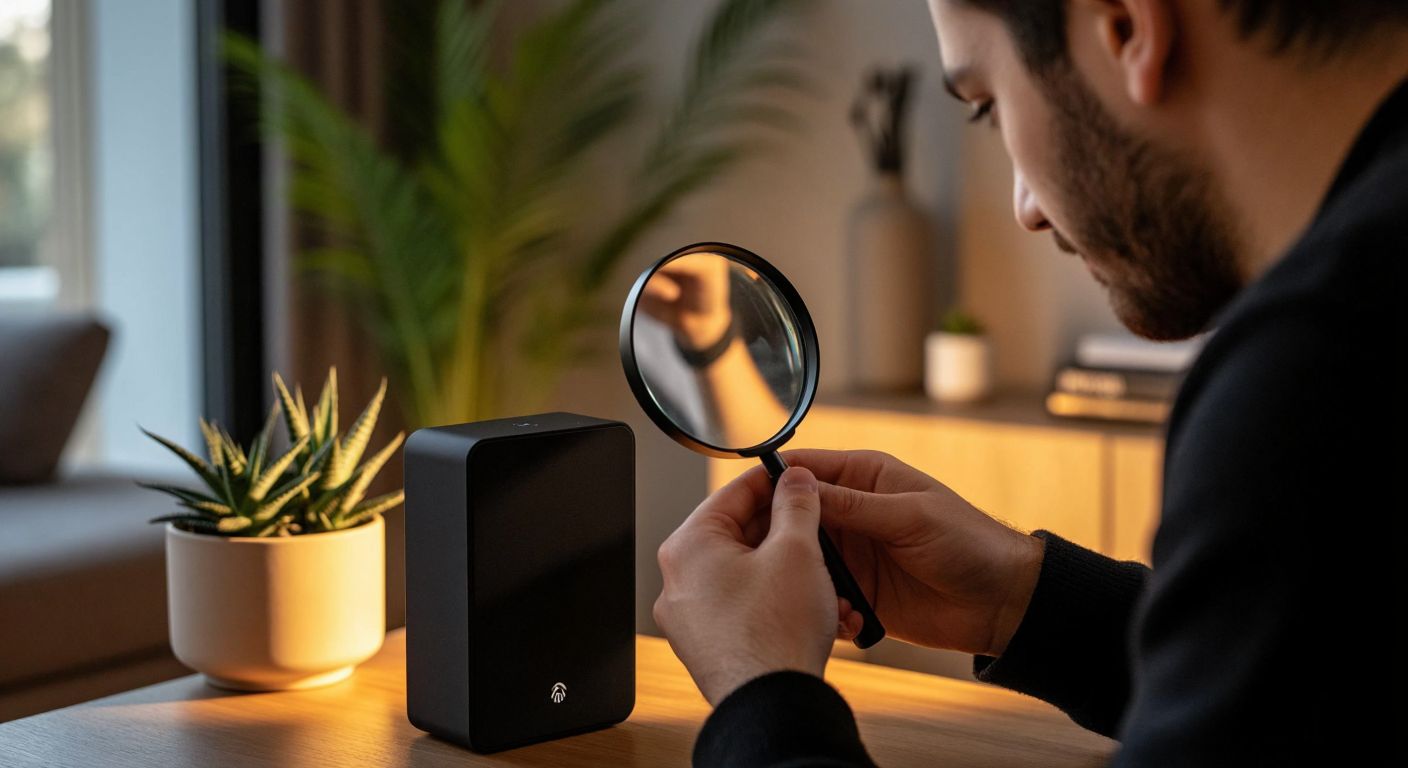 A person in Turkey carefully examines a sleek black Anker charger with a magnifying glass, comparing it to a high-quality printed product box under warm indoor lighting.