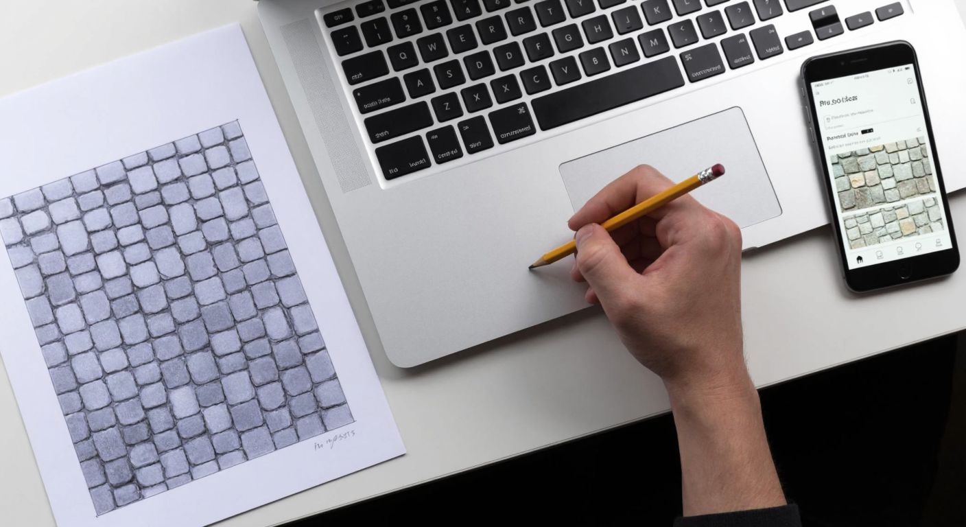 A hand holding a pencil sketching a cobblestone pavement on paper, with a laptop open nearby showing a paused 3D modeling tutorial and a phone displaying a Pinterest board of cobblestone designs.
