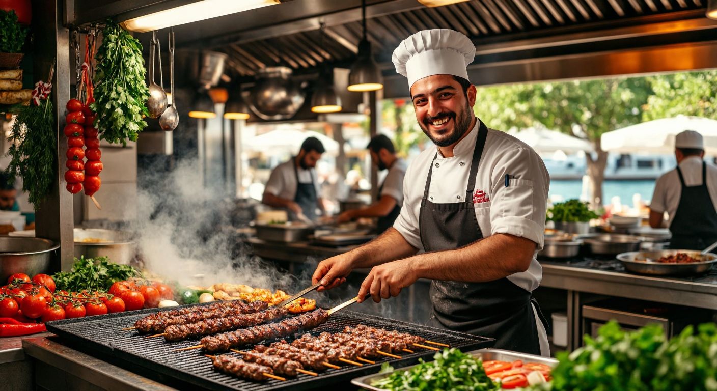 A Turkish chef in a bustling seaside restaurant kitchen, grilling kebabs with a warm smile, surrounded by fresh ingredients and the vibrant energy of summer tourism.