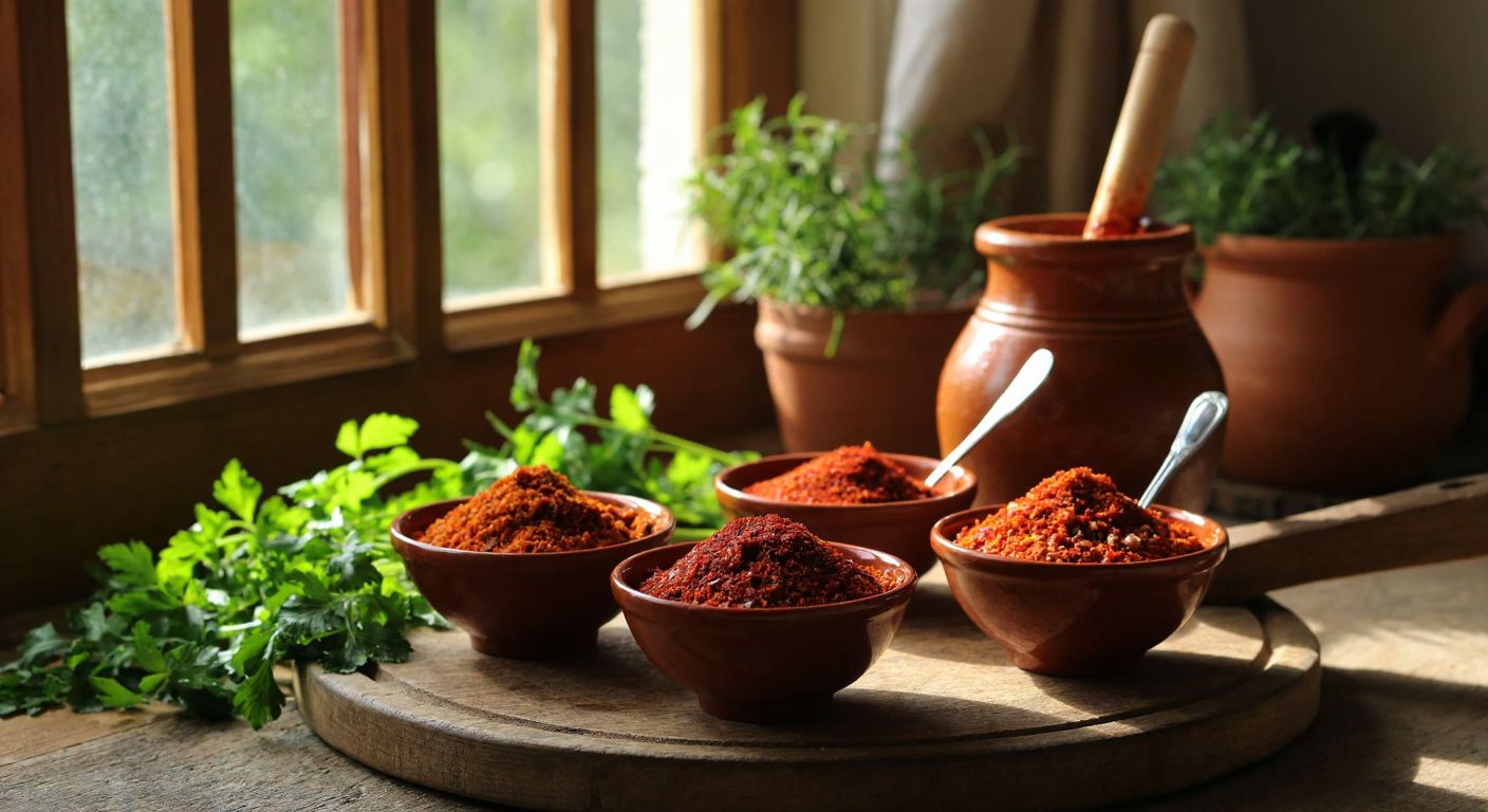 A rustic wooden table in a Turkish kitchen holds three small bowls of vibrant red *çemenlik pul biber* (chili flakes for çemen paste), each with a spoon, alongside fresh herbs and a clay jar of homemade çemen, with warm sunlight streaming through a window.