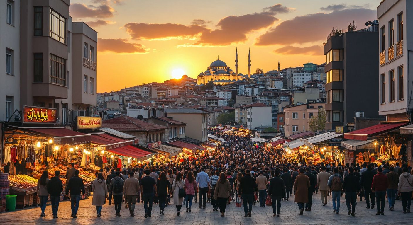 A bustling Turkish cityscape at sunset, filled with diverse crowds of people walking past traditional bazaars and modern buildings, symbolizing population growth.