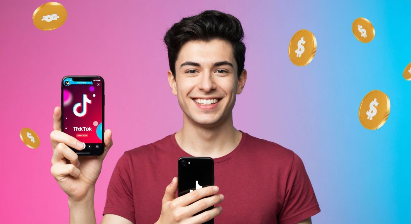 A young Turkish content creator smiles while holding a smartphone displaying a live TikTok stream, surrounded by floating golden coin-shaped tokens against a vibrant pink and blue background.
