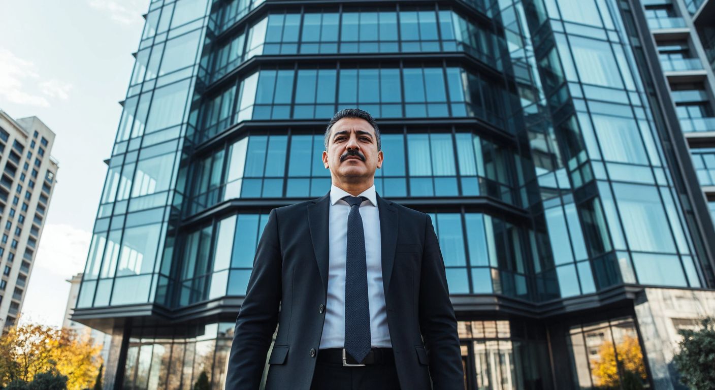 A modern glass-and-steel skyscraper in Istanbul, with a distinguished middle-aged Turkish businessman in a suit standing proudly in front, symbolizing ownership and success.