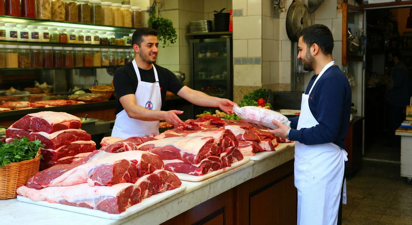 A bustling butcher counter in Gaziantep, with fresh cuts of lamb displayed on marble slabs, a vendor in a white apron handing a wrapped package to a smiling customer, surrounded by shelves of spices and local produce.