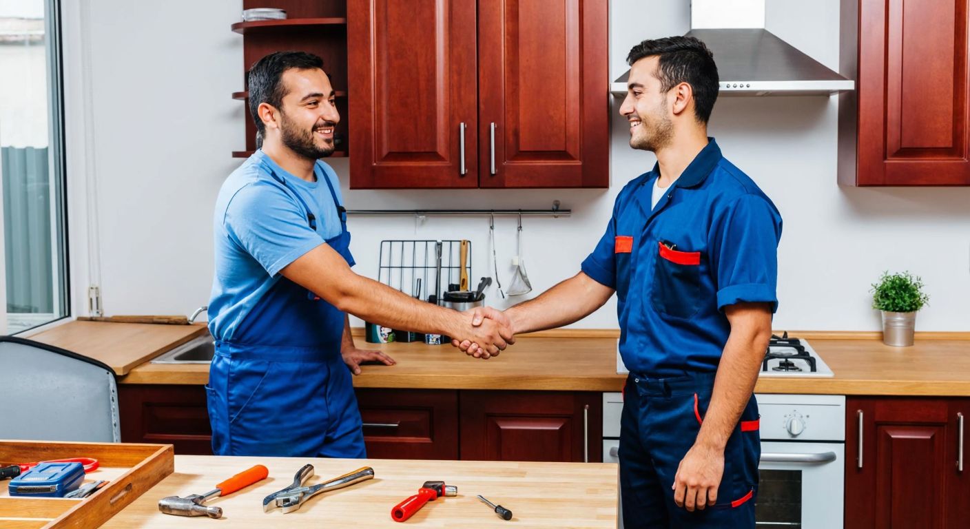 A smiling Turkish craftsman in a blue work uniform shakes hands with a relieved homeowner in front of a half-repaired kitchen cabinet, with tools neatly arranged on a wooden table beside them.