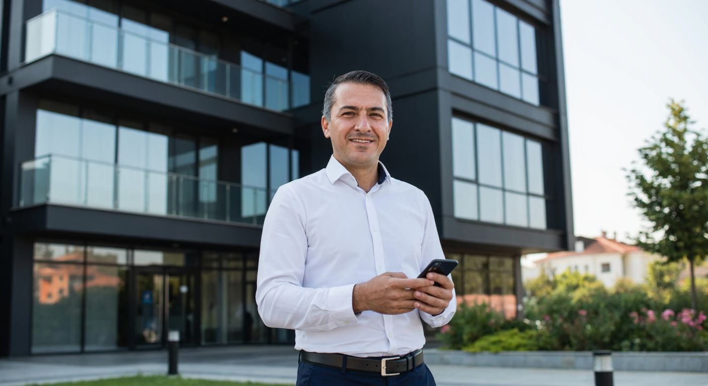 A middle-aged Turkish man in a crisp white shirt and dark trousers confidently stands in front of a modern office building in Bandırma, holding a smartphone with a satisfied smile.