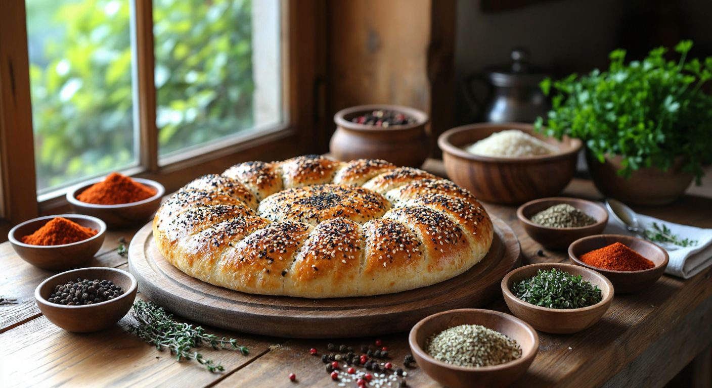 A rustic wooden table in a sunlit Turkish kitchen holds a freshly baked biberli ekmek, its golden crust sprinkled with sesame and black cumin seeds, surrounded by small bowls of aromatic spices like coriander, thyme, and sumac.