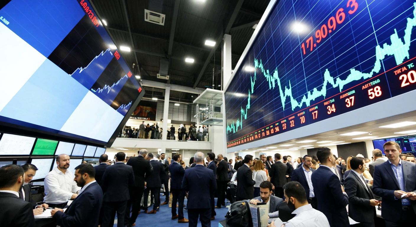 A dynamic stock market graph with a sharp peak reaching toward the top, set against a backdrop of a bustling Istanbul trading floor filled with focused investors in modern attire.