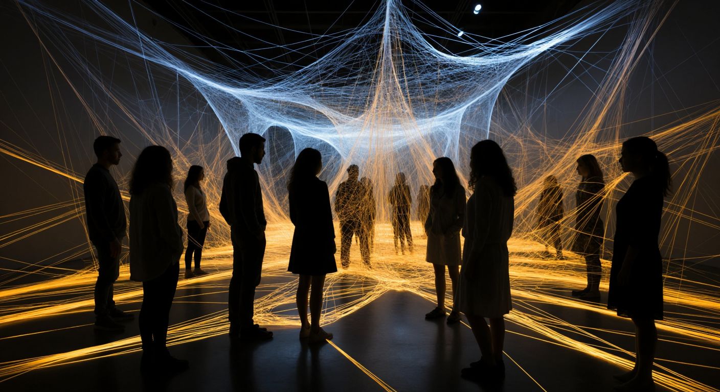 A shadowy, intricate web of glowing threads stretches across a dimly lit room, subtly connecting people of diverse appearances who stand unaware, their postures subtly influenced by unseen forces.