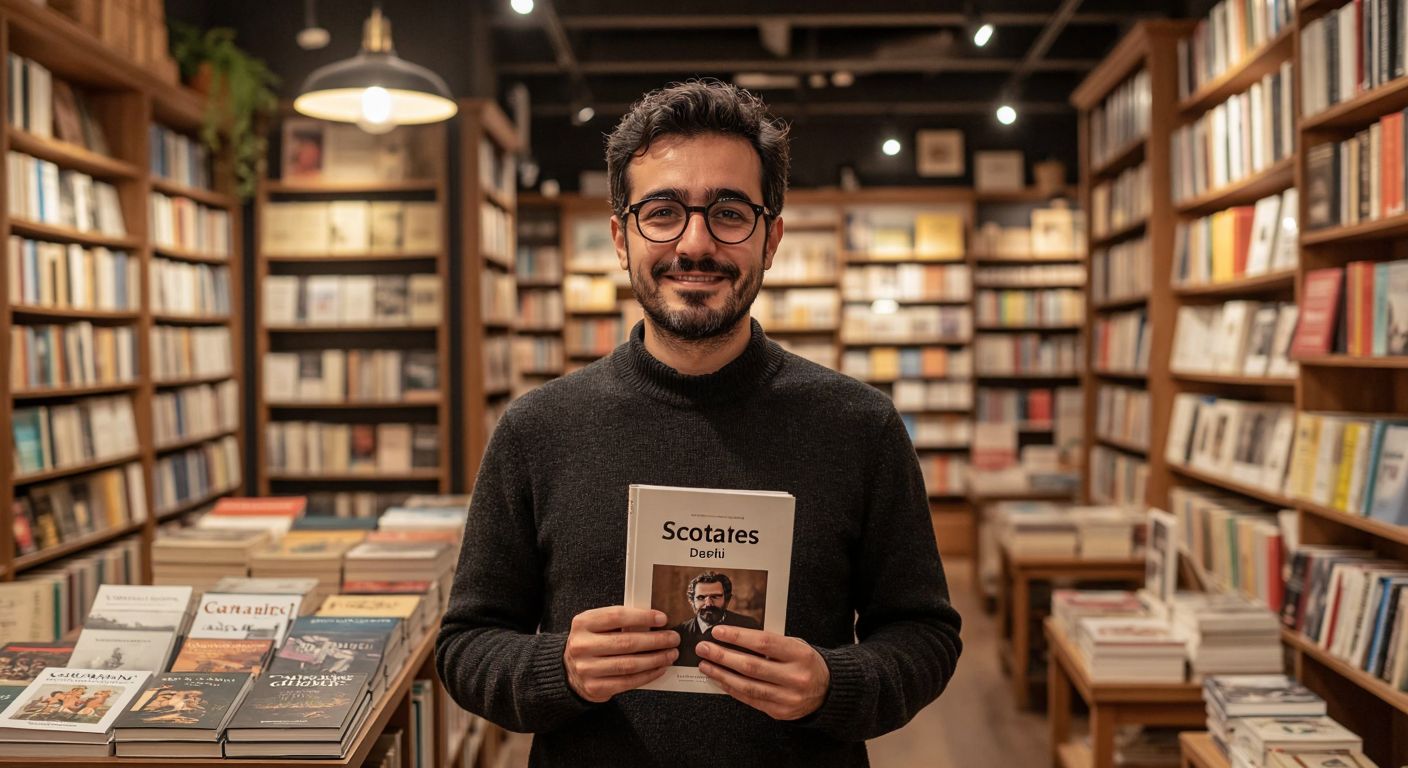 A thoughtful Turkish man in glasses, resembling Can Öz, stands in a cozy Istanbul bookstore holding a printed copy of *Socrates Dergi* with a nostalgic smile, while a modern tablet displaying its digital version glows faintly beside stacked Can Yayınları books.