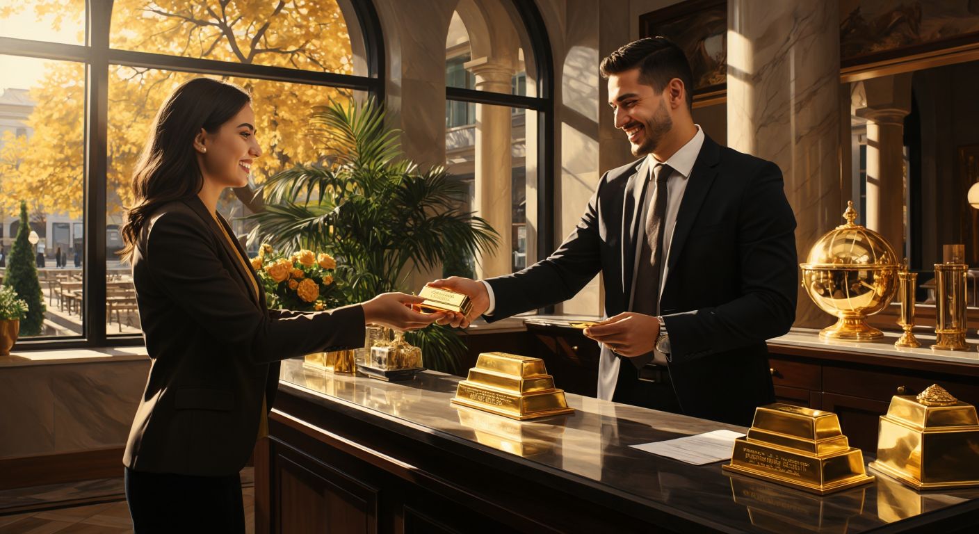 A Turkish bank teller in a modern branch hands a gleaming gold bar to a smiling customer across a polished marble counter, with a warm, sunlit interior reflecting wealth and trust.