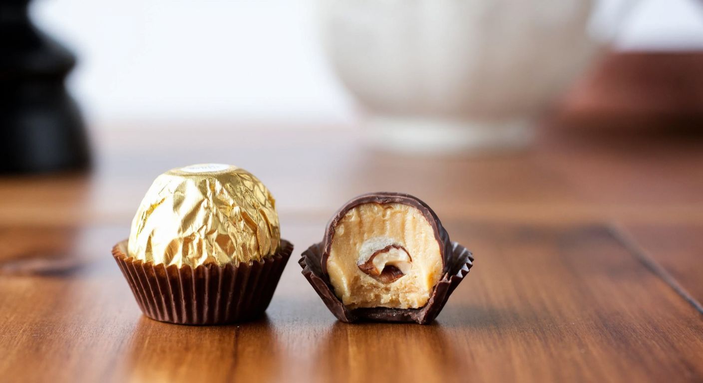 A small golden-wrapped Ferrero Rocher chocolate resting on a wooden table next to an unwrapped one, revealing its hazelnut center and crisp wafer layers.